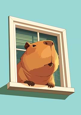 Capybara in Window Cartoon Illustration