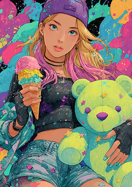 Colorful Anime Girl with Ice Cream