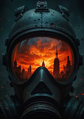 Gas Mask Reflecting Burning Cityscape
