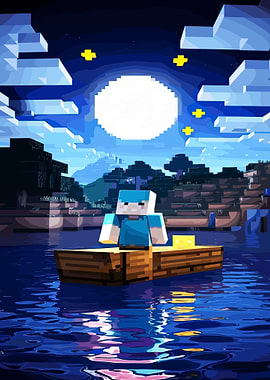 Minecraft Character in Boat at Night