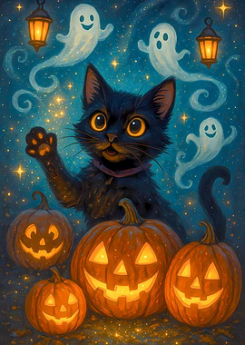 Halloween Cat with Pumpkins and Ghosts