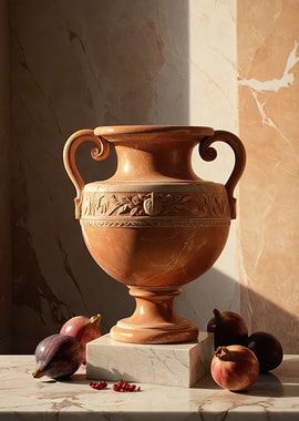 Sunlit Classical Urn with Figs and Pomegranates — Still Life Wall Art