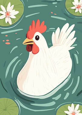 Chicken swimming in a pond illustration