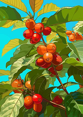 Coffee Plant with Ripe Cherries