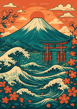 Mount Fuji and Waves Illustration