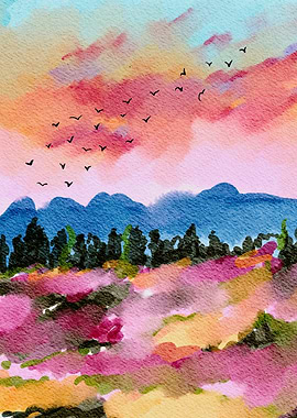 Watercolor Landscape with Birds at Sunset