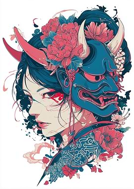 Anime Girl with Oni Mask and Flowers