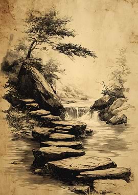 Ink Drawing of Stepping Stones Waterfall
