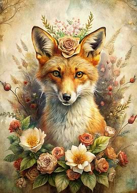 Fox Portrait with Floral Crown