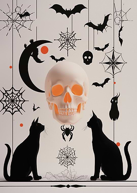 Halloween themed image with skull and cats
