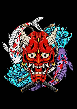 Hannya Mask with Koi Fish Illustration