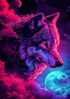 Neon Wolf in Cosmic Landscape