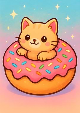 Cute Cat in Donut Cartoon Illustration