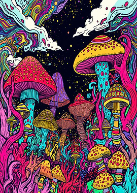 Psychedelic Mushroom Forest Digital Art