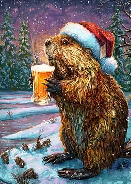Festive Beaver with Beer in Winter