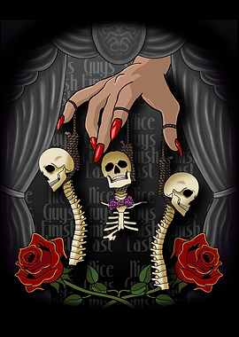 Macabre Femme Fatale Puppet Show with Skeletons and Roses
