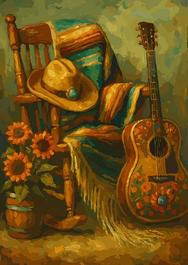 Still Life with Guitar, Hat, and Sunflowers