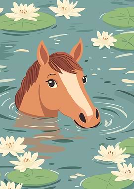 Horse Swimming in Lily Pond Illustration