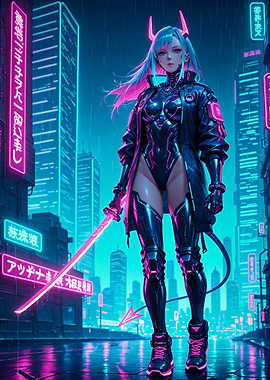 Cyberpunk Girl Oni Samurai Anime