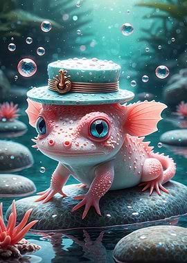 Dapper Pink Axolotl in a Teal Top Hat — Whimsical Underwater 3D Illustration