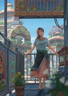 Anime Girl on Balcony with City View