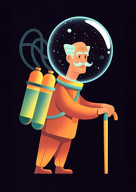 Elderly Astronaut with Cane in Space