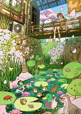 Anime Girl with Cats by a Pond