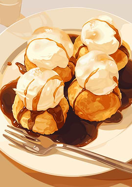 Profiteroles with Cream and Chocolate Sauce