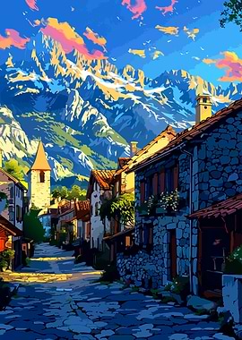 Mountain Village Landscape Digital Art