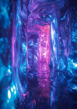 Abstract Cave with Neon Reflections