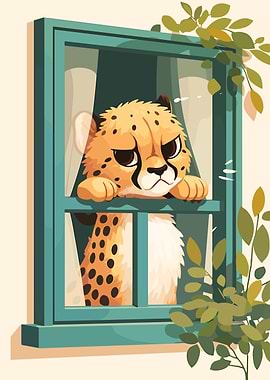 Cartoon Cheetah Looking Out Window