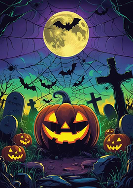 Halloween Night Cemetery with Pumpkins