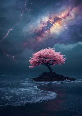 Cherry Blossom Tree Under Starry Sky