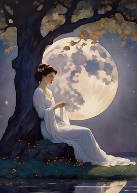 Woman in White Dress Under Moonlight