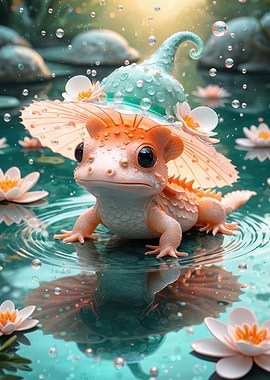 Whimsical Pond Salamander Wearing a Floral Wizard Hat