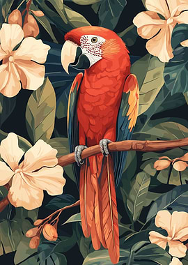 Scarlet Macaw in Tropical Floral Setting