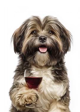Lhasa Apso Dog with Wine Glass