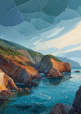 Coastal Landscape Painting with Cliffs and Sea