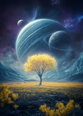 Space Landscape with Golden Tree
