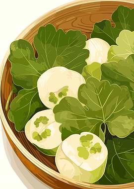 Turnips and Greens in Wooden Bowl