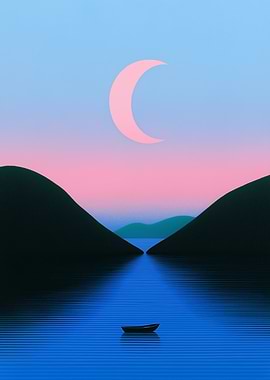 A minimalist boat on a calm lake with a pink moon