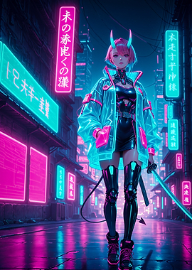 Cyberpunk Oni Samurai Girl Japan
