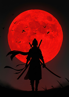 Samurai Silhouette with Red Moon