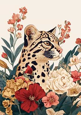Ocelot Portrait with Floral Arrangement