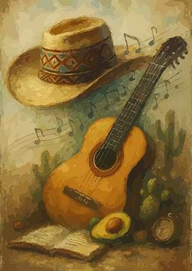 Mexican Still Life Painting with Guitar