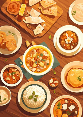 Overhead view of various dishes