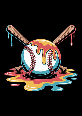 colorful Baseball with Dripping Paint and crossed Bats