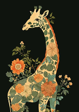 Floral Giraffe on Black Background