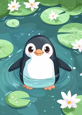 Cute Penguin in Lily Pond Illustration