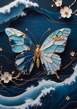 Blue Butterfly Kintsugi Art